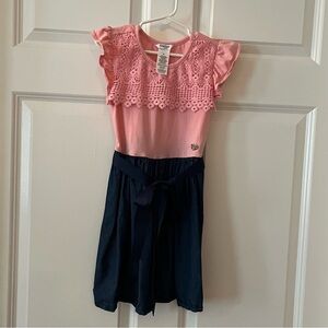 Bebe Girls Pink and Blue skirt Dress, Lace Layer Top, Size 6X